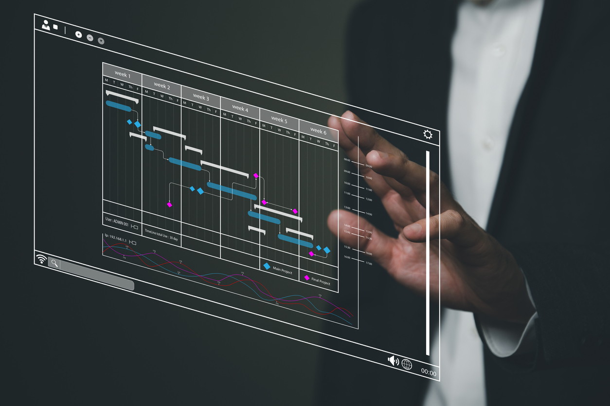 Business people with suit using digital tablet to access into data and dashboard that show implementation and working timeline of product launch or business strategy and planning.