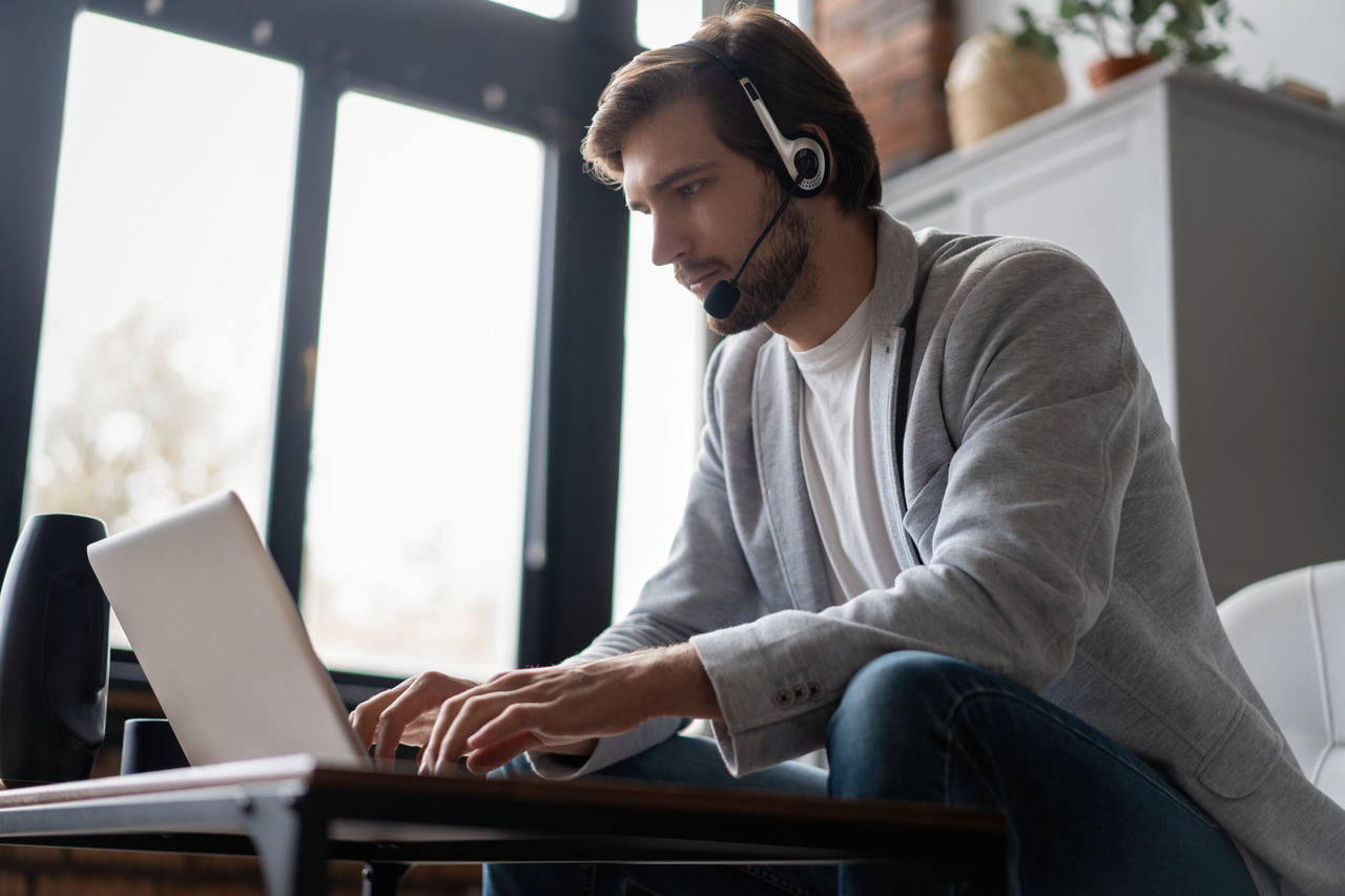 Homem concentrado enquanto trabalha em um notebook. Existem diversos tipos de ferramentas de colaboração online que podem auxiliar na rotina de trabalho.